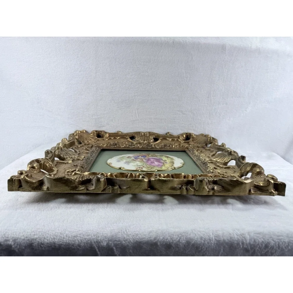 VTG Fragonard Courting Couple Porcelain Plaques Carved Wood Ornate Gold Frame Lg